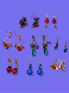 Earrings Bundle 7 pair Pierced, 1 Pair Clip‎ Beads Stone Wood Like New BOHO